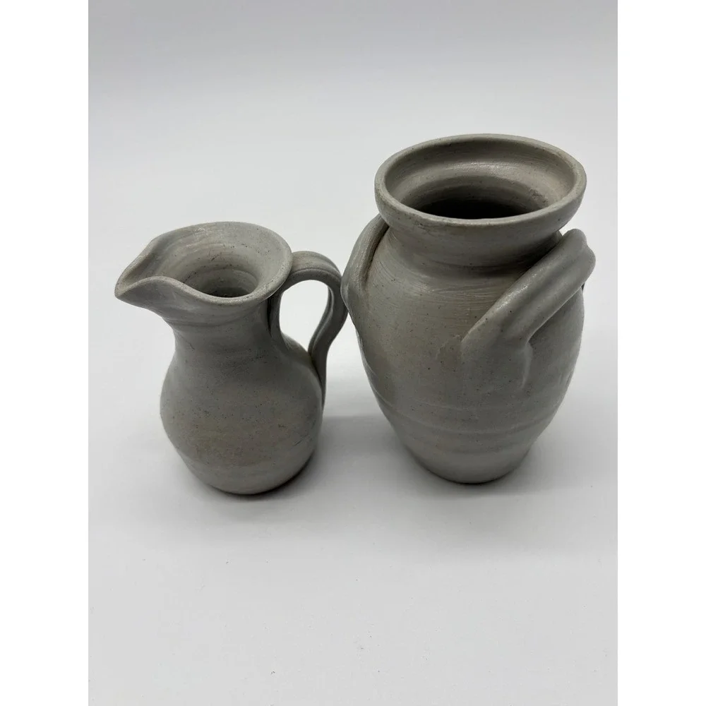 Williamsburg Pottery Pitcher Vase Set Small Grey Excellent Cobalt Blue Floral